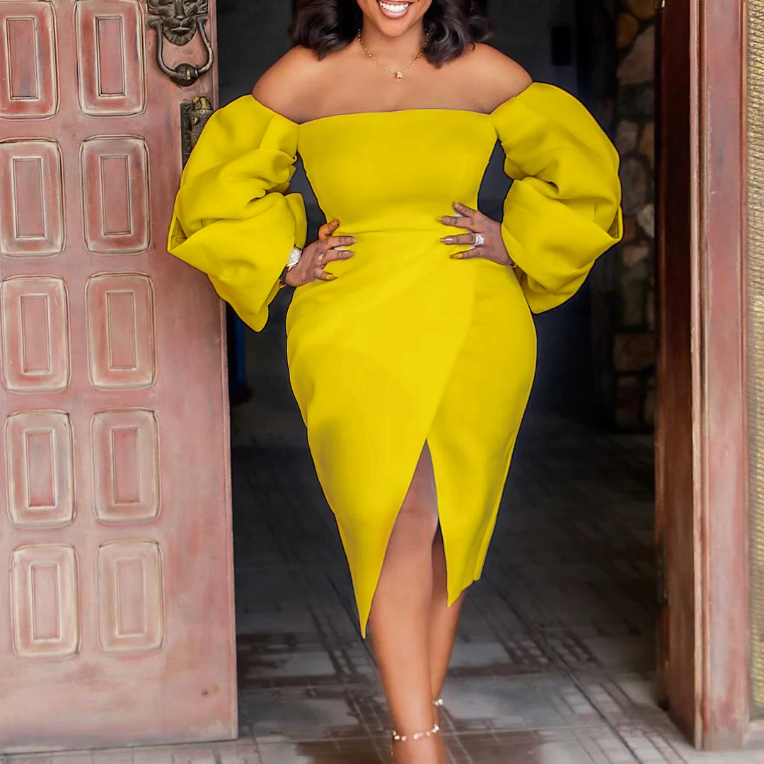 

Women Off Shoulder Dresses Sexy Backless Party Lantern Sleeves Slit High Waist Evening Celebrate Female Robes Vestidos