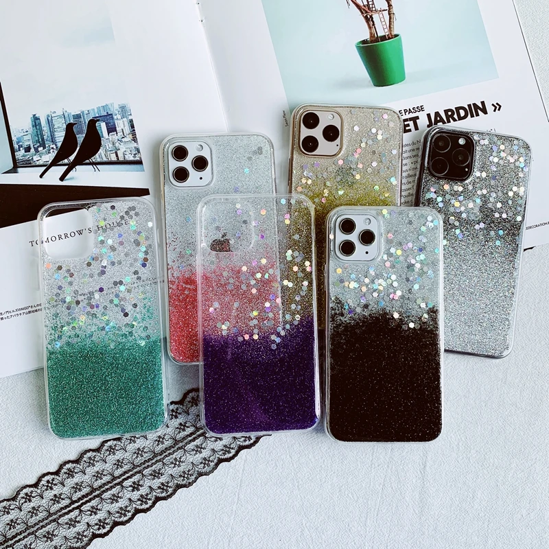 Мягкий Прозрачный Силиконовый ТПУ чехол градиентного цвета с блестящими