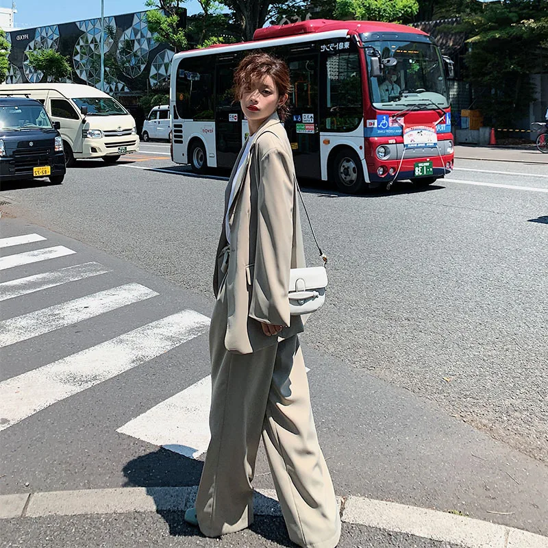 

21 Spring and Autumn blazer + pant two peice set women double breasted suit jacket wide-legged pants long-sleeve pant suits