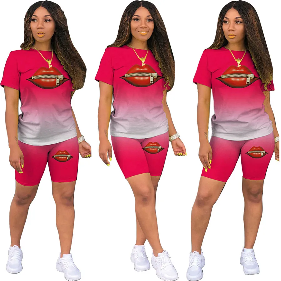 

Summer Printed Womens Tracksuits O Neck Short Sleeve Slim Two Piece Set for Women Casual Ladies 2PCS Outfits
