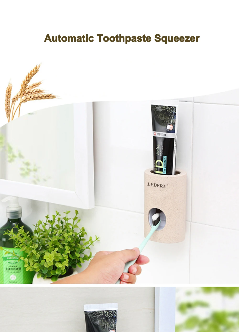

Bathroom accessories automatic toothpaste dispenser dustproof toothbrush holder wheat straw wall-mounted household squeezer ZD