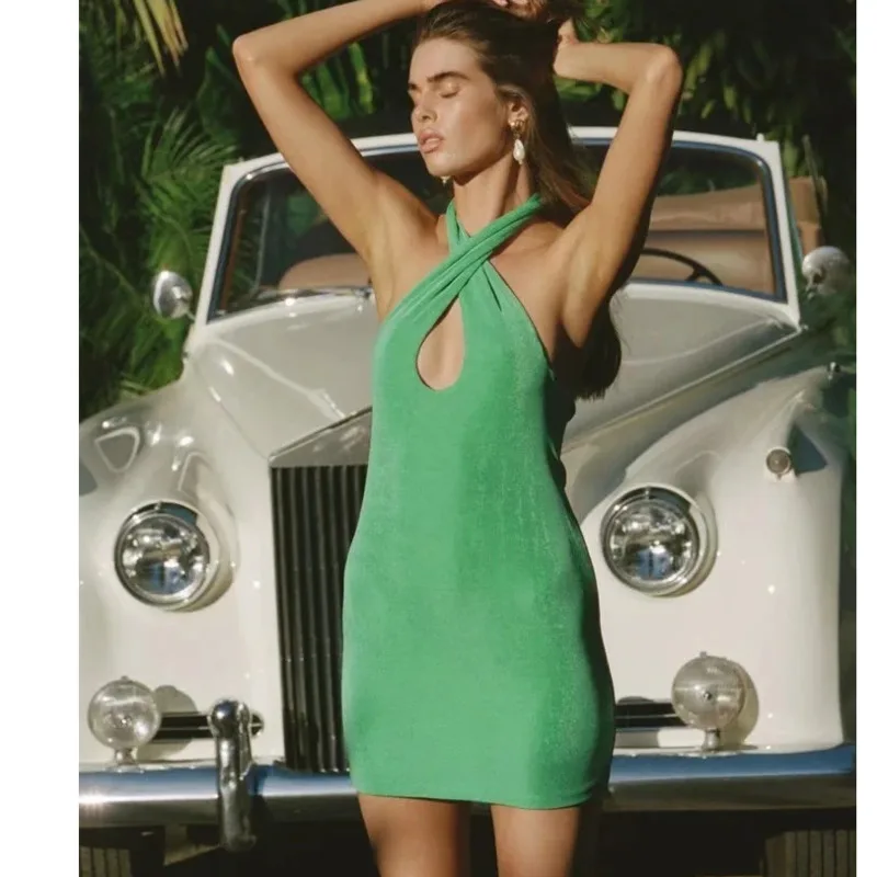 

2021 Summer Casual Dresses New Women Sexy Halter Backless Solid Knitted Beach Dress Slim Bodycon Fashion Vestidos Stretchy
