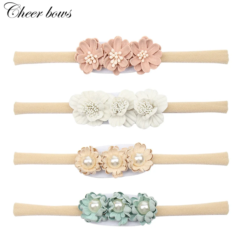 Для новорожденных повязка на голову с жемчужным цветком Детские нейлоновые