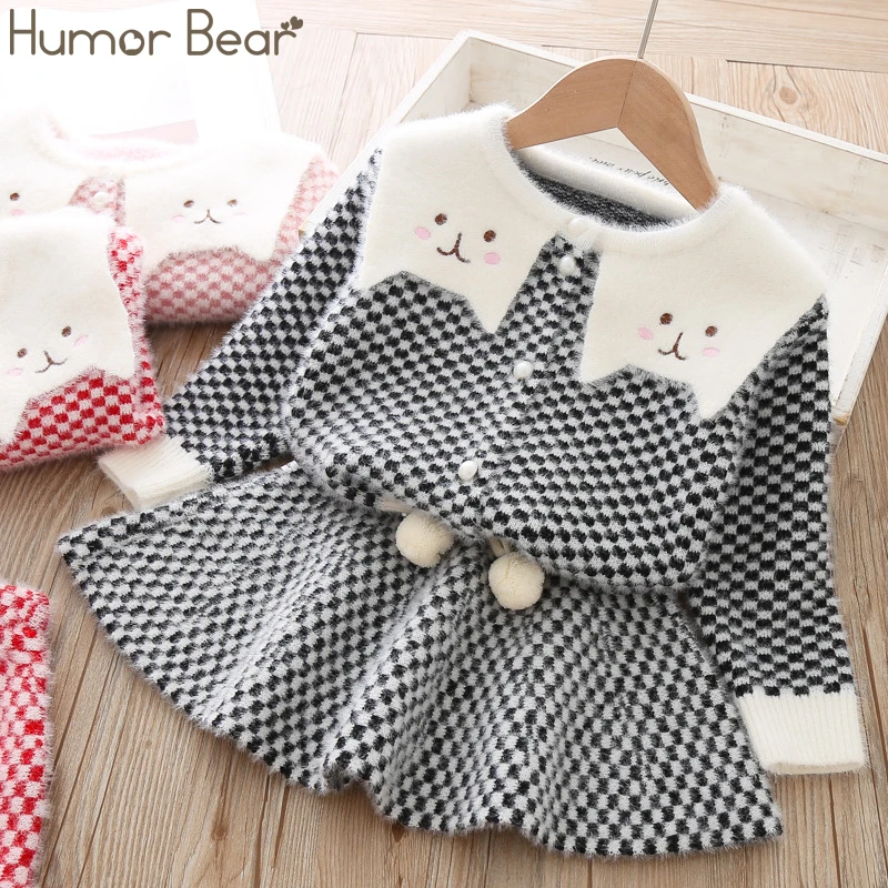 Humor Bear/Детский комплект со свитером для маленьких девочек, г., осенне-зимний свитер в клетку с героями мультфильмов+ вязаная юбка Детский комплект со свитером из 2 предметов