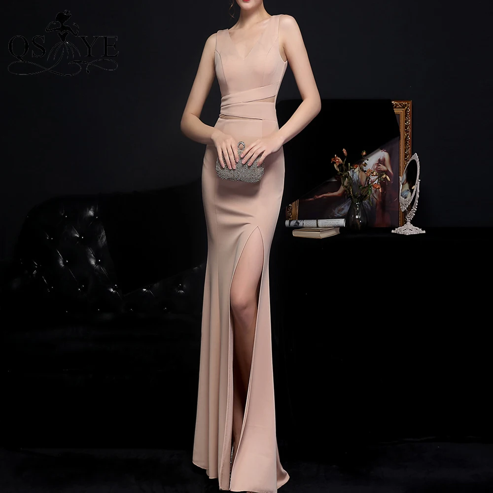 

Simple Champagne Evening Dresses Elastic Sheath Long Prom Gown Open Low Back Beading Straps Party Dress Hollow WaistFormal Dress