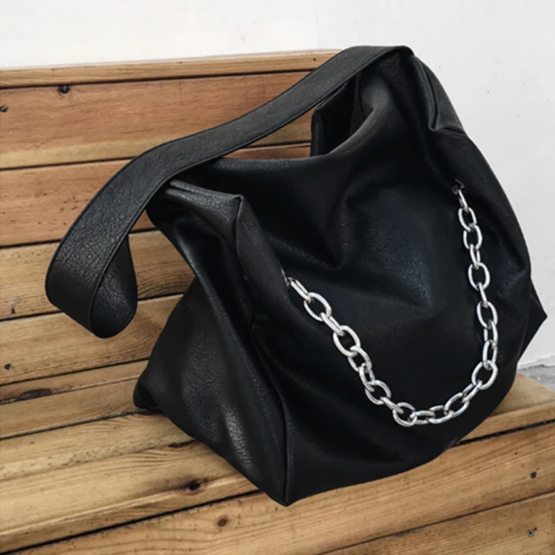 

Сумка-хобо на цепочке для женщин, повседневный вместительный тоут через плечо из мягкой кожи, дорожная Сумочка унисекс, цвет черный, 2021