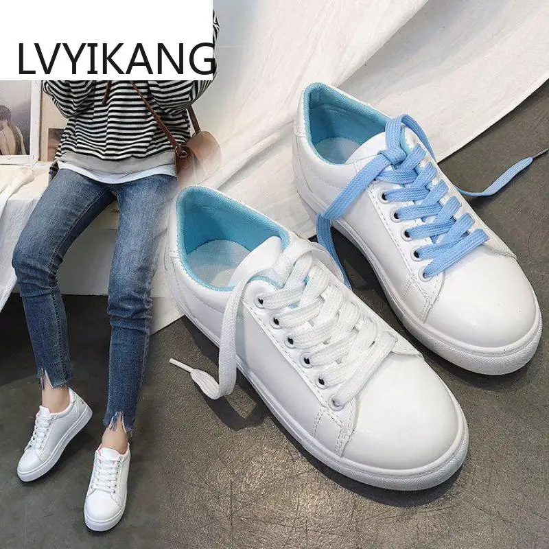 Кроссовки женские из ПУ кожи однотонная повседневная обувь на шнуровке белые