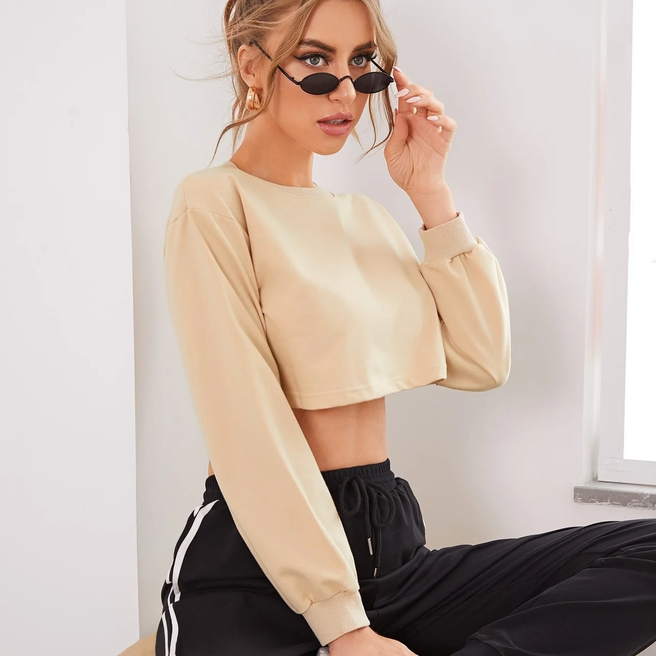 

W 2021 autumn and winter new fashion leisure home long sleeve loose T-shirt long sleeve hoodless women's sweater crop top
