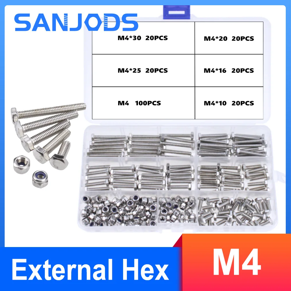 

External Hex Hexagon Head Screw with Lock Nut Set Stainless Steel M4 * 10 16 20 25 30mm Bolt and Lock Nut Kit Furniture Fittings