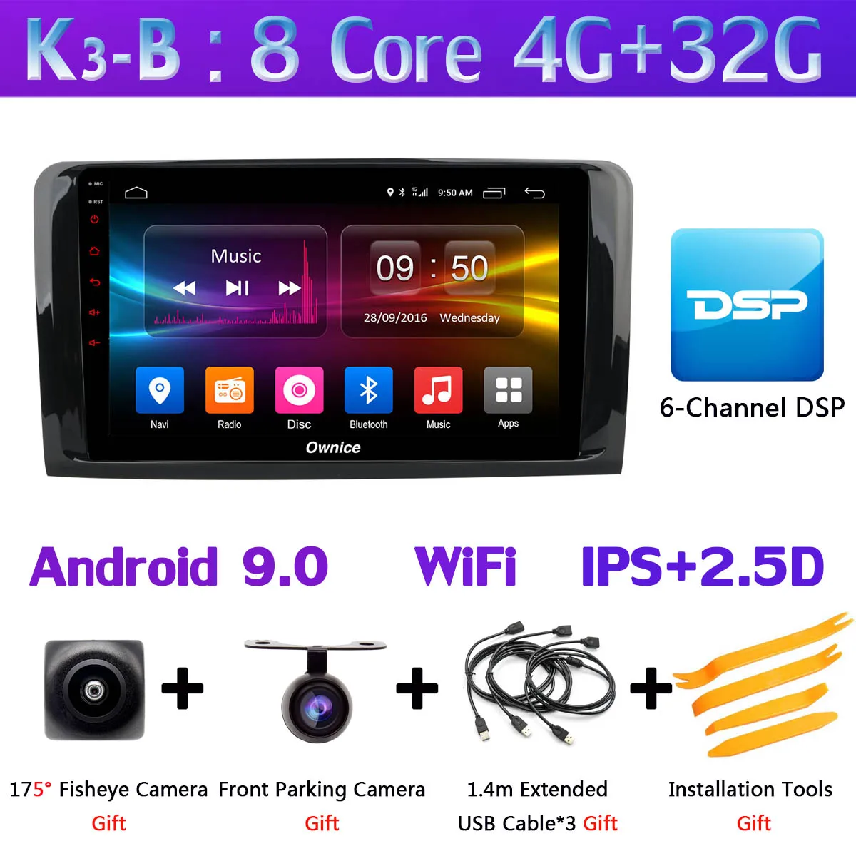 K3-B 1Din 360 ° камера 4G LTE Android 9,0 4 Гб+ 64 Гб SPDIF DSP CarPlay автомобильный мультимедийный плеер для Mercedes Benz ML GL W164 X164 gps радио - Цвет: K3-B