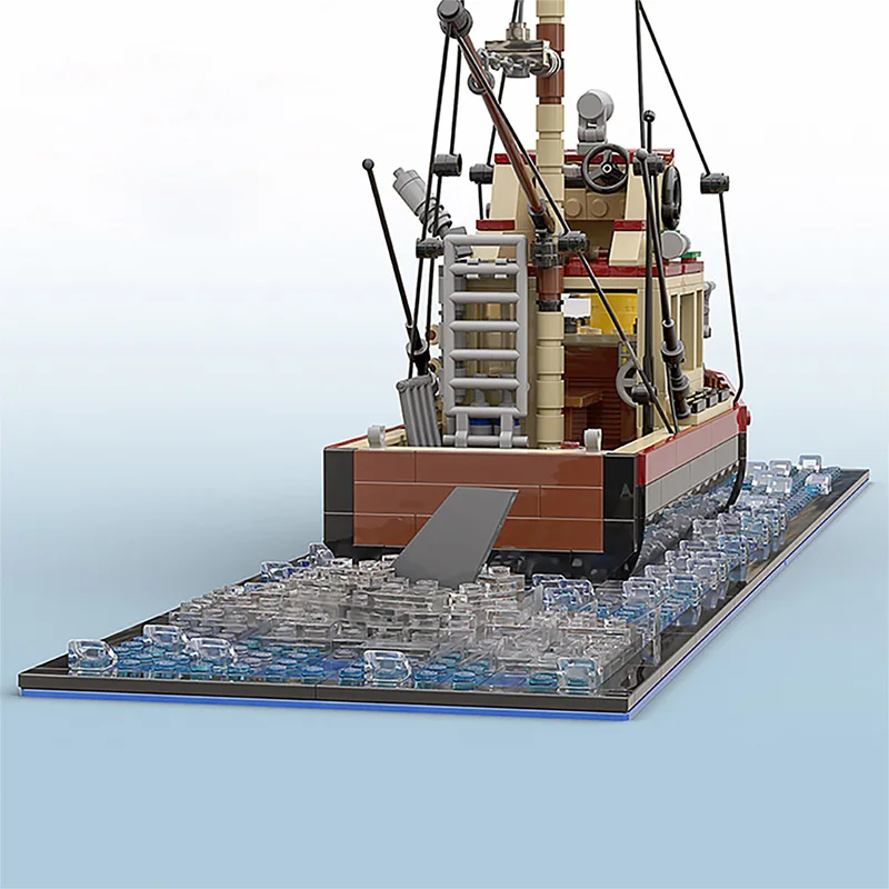 

MOC Rural Seaside Scenes Catch Fish Fishing Boat Great White Shark Bricks Building Blocks Model Kid Toy Collection