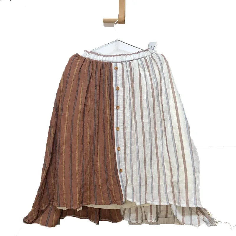 

Japanese Mori Girl Hippie Boho Vintage Button England Striped Kawaii Skirt Cotton Linen Pocket Women Sping Autumn Skirt Faldas
