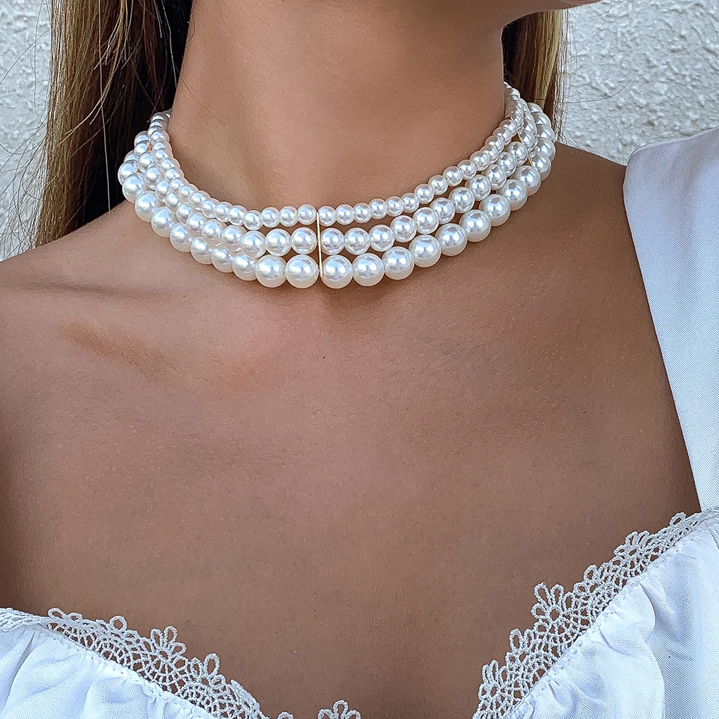 

Ingemark Unique Elegant Multilayer Imitation Pearl Chain Necklace for Women Colar Bridal Wedding Beaded Link on the Neck Jewelry