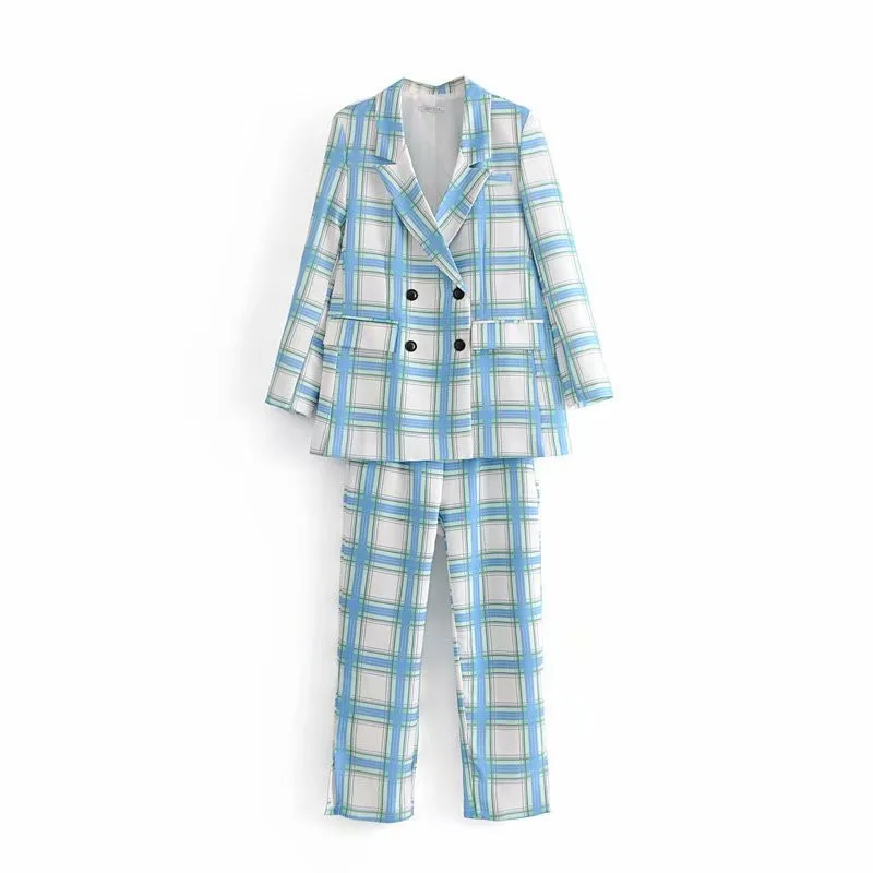

Spring Big Plaid Office Lady Pant Suits Women 2020 Fashion Green And Blue Double Breasted Blazers And Pant Womens 2 Piece Sets