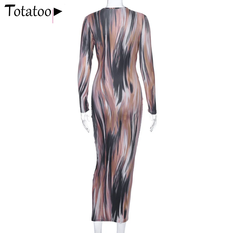 

Totatoop Tie Dye Print V Neck Sexy Dress Women 2020 Spring Long Sleeve Drawstring Causal Belt Bodycon Dress Party Dresses Long