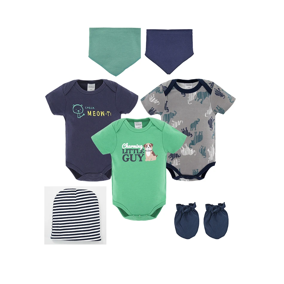 8PCS Baby Boy Bodysuit Clothes Set Newborn Baby Jumpsuit roupa infantil Clothing Set with Baby Caps Bibs Gloves Gifts