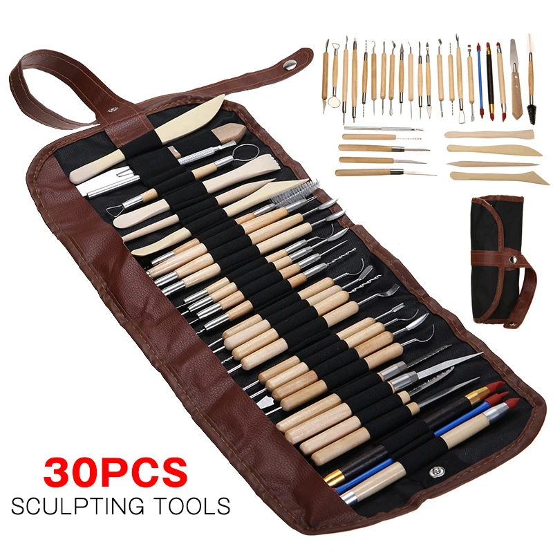 

30pcs DIY Clay Pottery Tool Set Polymer Modelling Sculpture Wooden Handle Tools Carvers Clay Sculpting Carving Pottery Tools