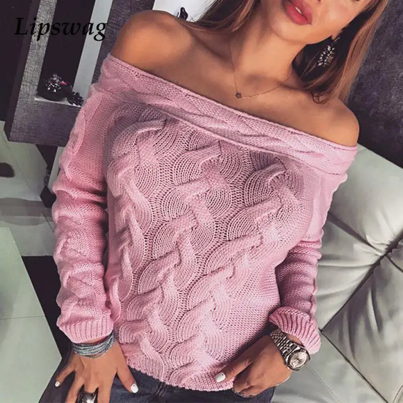 

Vintage Twist Pattern Fashion Knitted Sweater Casual Long Sleeve Winter Solid Jumper Autumn Sexy Off Shoulder Women Top Pullover