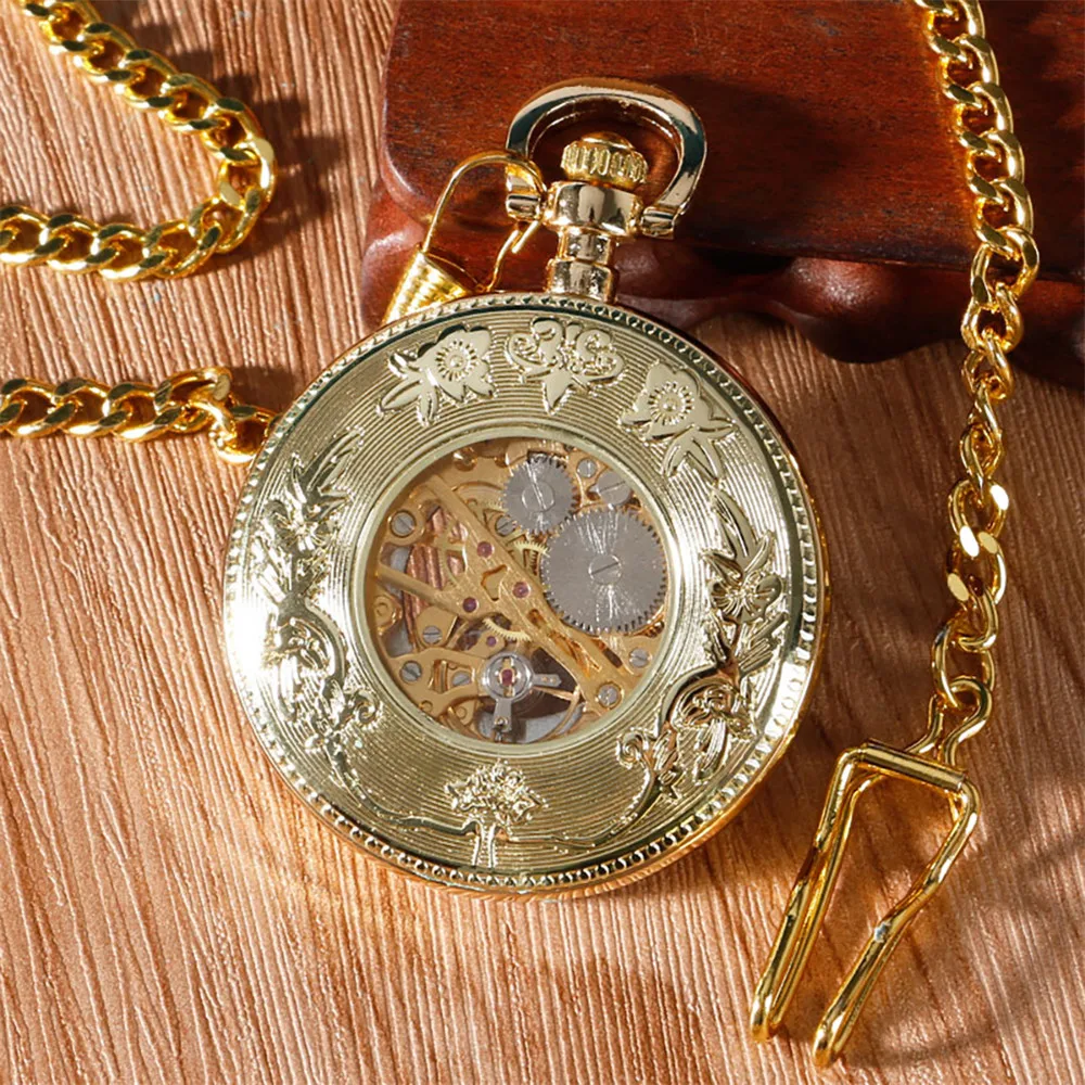 Vintage Roman Numerals Transparent Skeleton Mechanical Pocket Watch Golden Open Face Manual Hand Winding Pocket Timepiece reloj