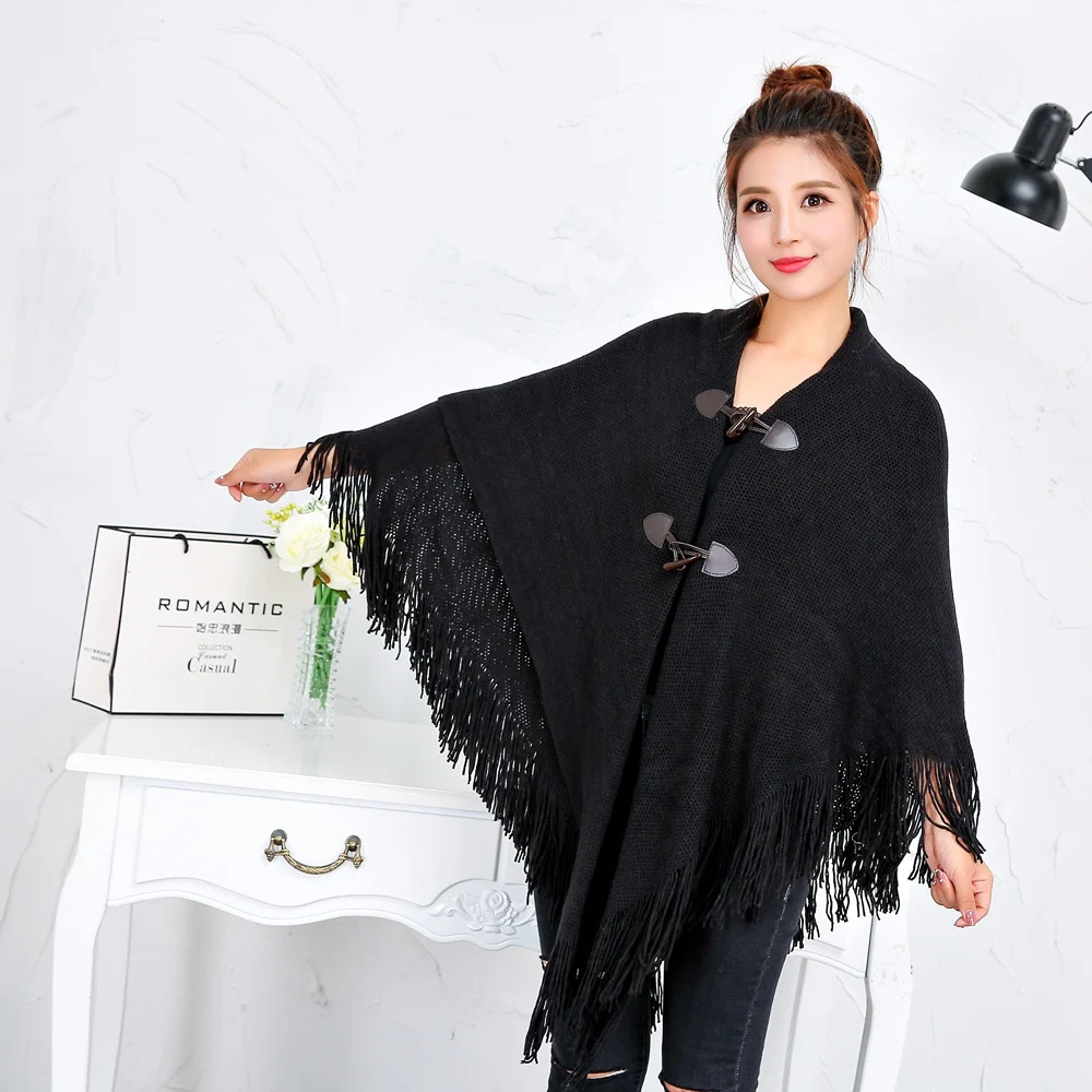 2020 Winter Loose Kimono Cardigan Women Long Sleeveless Cap Poncho Solid Color Magic Shawl Knitted Sweater With Button Plus Size |