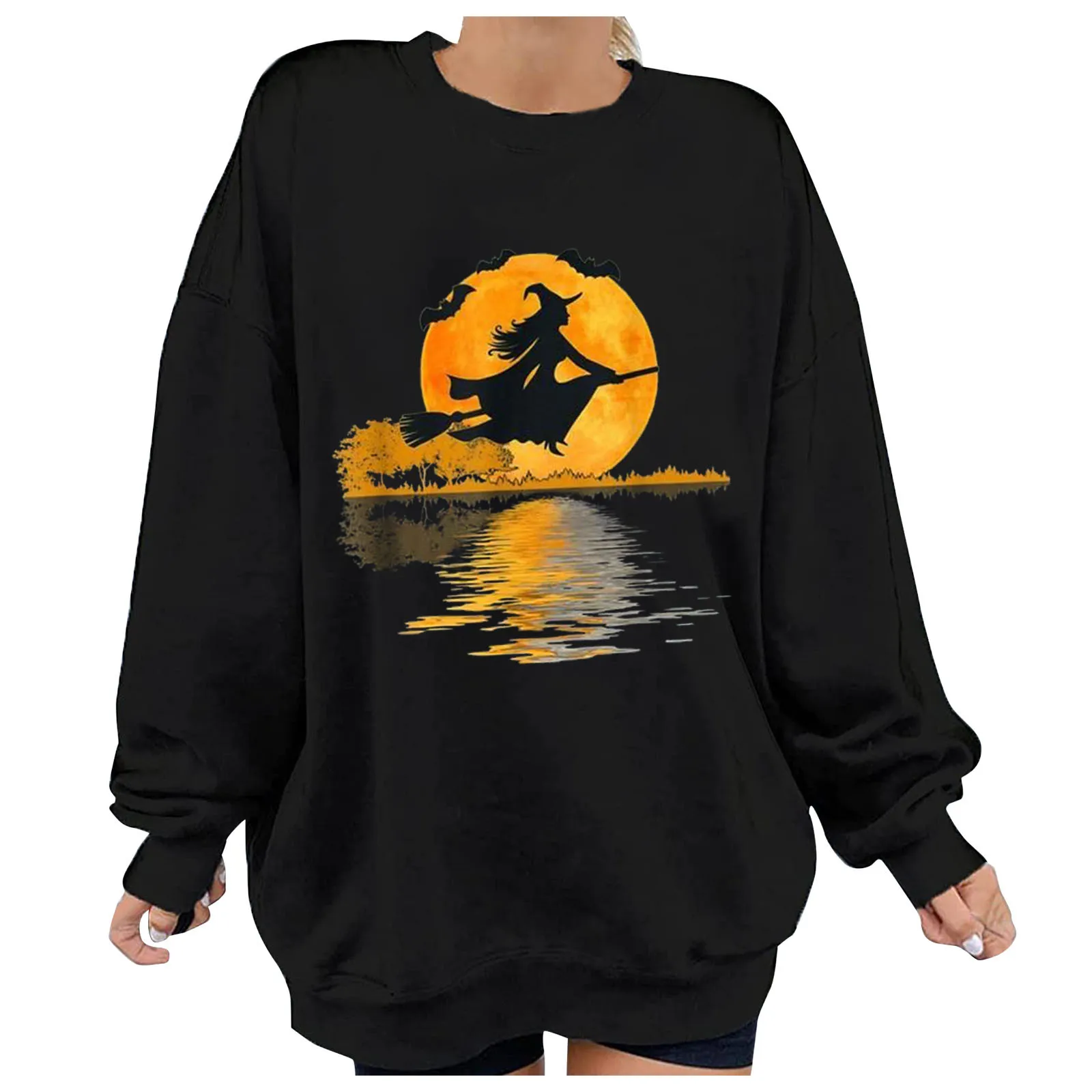 

Women Long Sleeve Halloween Pullover Round Neck Sweatshirt Under Moon Witch Fly Printing Shirt Daily All-match Girls T-shirt Top