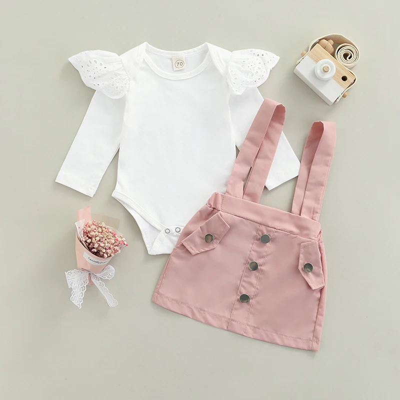 

Newborn Baby Girl’s 2Pcs Suit Infant Fashion Solid Color Ruffles Long Sleeve Romper and Suspender Skirt Fall Clothes Set