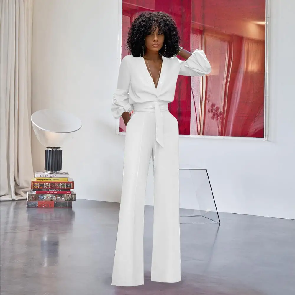 Модные повседневные женские комбинезоны AHVIT с поясом длинным рукавом и глубоким V