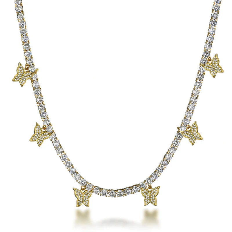 

Iced Out Bling Butterfly Choker Pendant Necklace For Women Men Gold Silver Color With 4mm Tennis Chain Hip Hop Jewelry Gifts