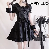 victorian renaissance black gothic lolita dress japanese girl vintage punk style puff sleeve bandage mini dress women dresses