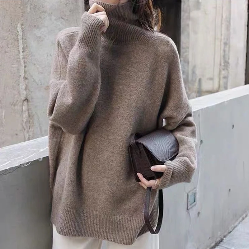 

Turtle Neck Cashmere Sweater Women Korean Style Loose Warm Knitted Pullover 2021 Winter Outwear Lazy Oaf Female Jumpers