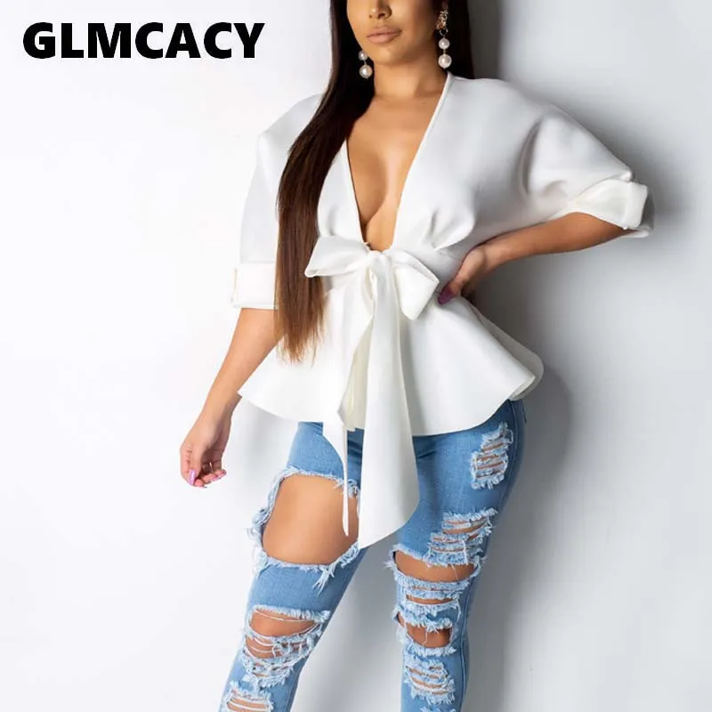 Женская блузка с узлом спереди и баской глубоким v образным вырезом рукавом до