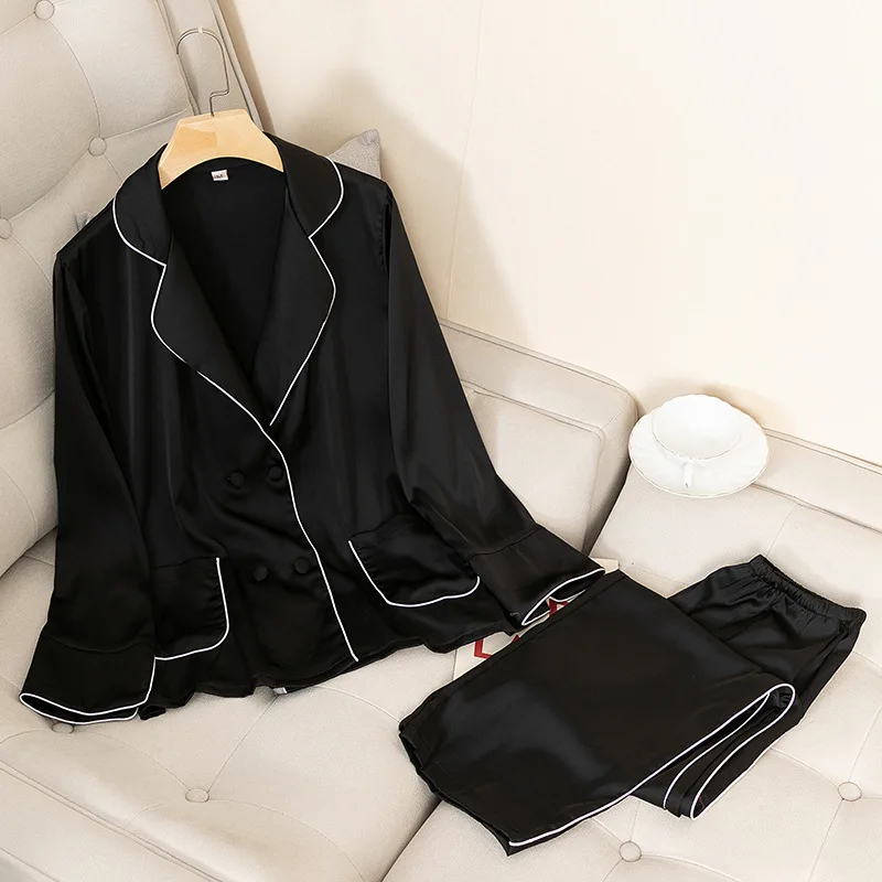 

Satin Home Clothing Spring New 2PCS Sleep Set Intimate Lingerie Women PAJAMAS Suit Nightwear Casual Blue Pyjamas Homewear