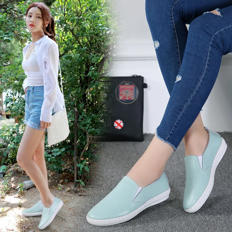 

New Spring and Autumn Women's Shoes Flat Hand-Stitched White Shoes Leather Non-Slip Soft Bottom Casual Women's Shoes