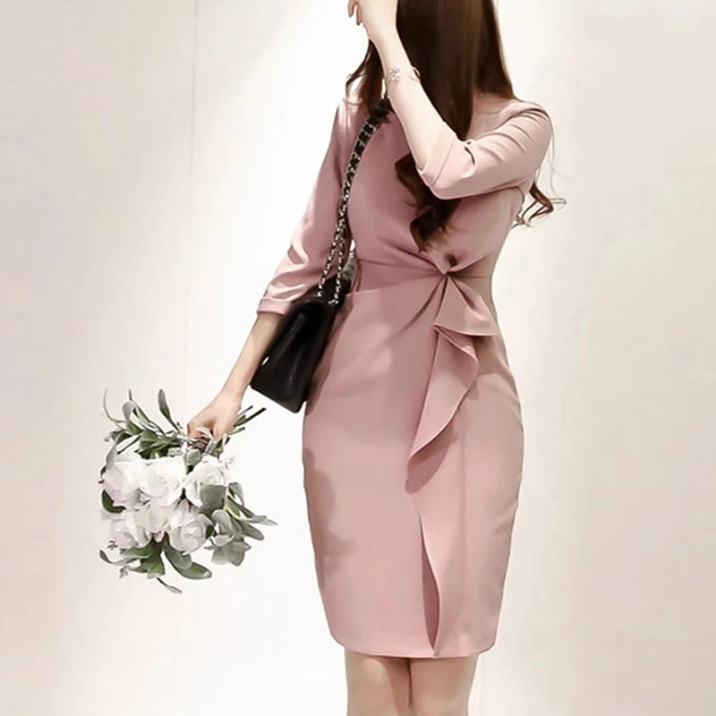 Новое поступление корейское весеннее однотонное Бандажное драпированное платье