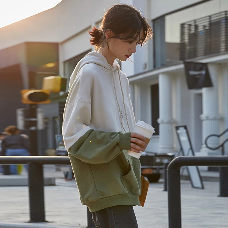 

SWEETKAMA2020 Autumn New Korean Style Green Hooded Female Embroidery Loose Sweatshirt Student Patchwork Hoodies Women