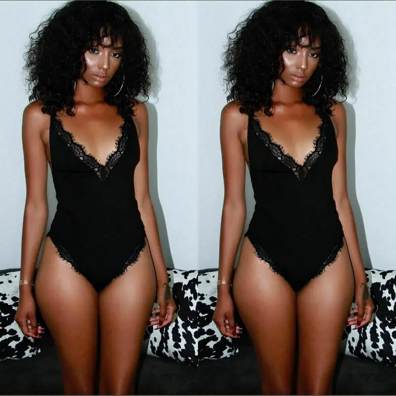 Женское Сексуальное Кружевное боди без рукавов с V-образным вырезом и открытой