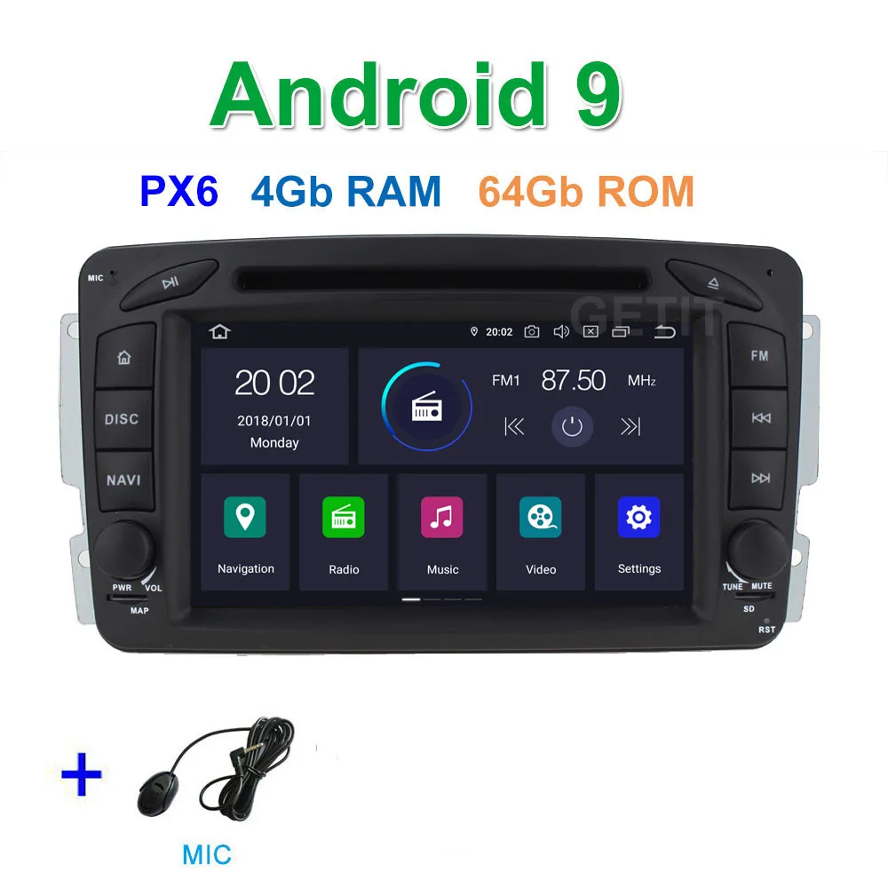 PX6 4G-RAM 64G-ROM DSP 64G PX6 Android 9,0 автомобильный DVD мультимедиа радио gps для Mercedes Benz CLK W209 W203 W463 W208 Wifi Bluetooth стерео аудио - Цвет: PX6 4G-RAM 64G-ROM