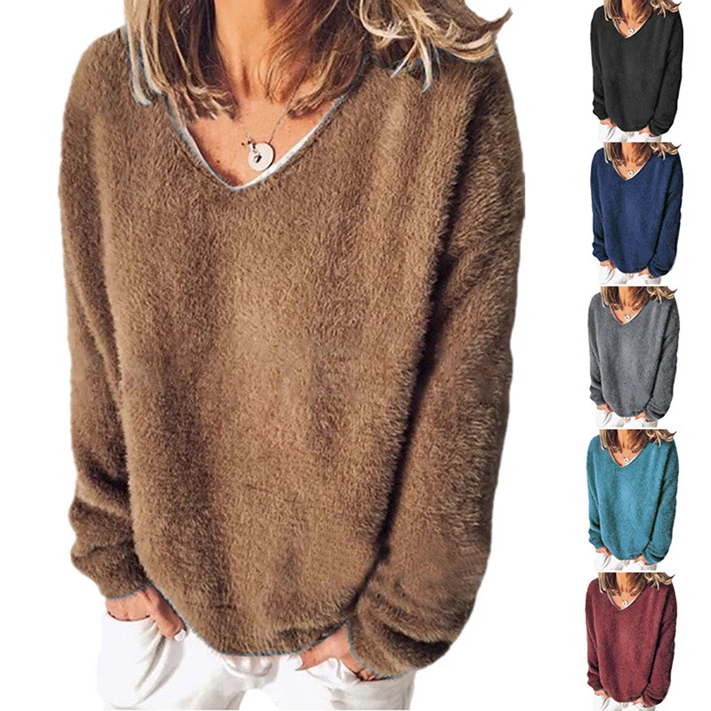 

Streetwear 5XL Large Size Soft Plush Sweater Casual Long Sleeve V-Neck Loose Pullovers Tops Autumn Winter Women Clothing Sweater