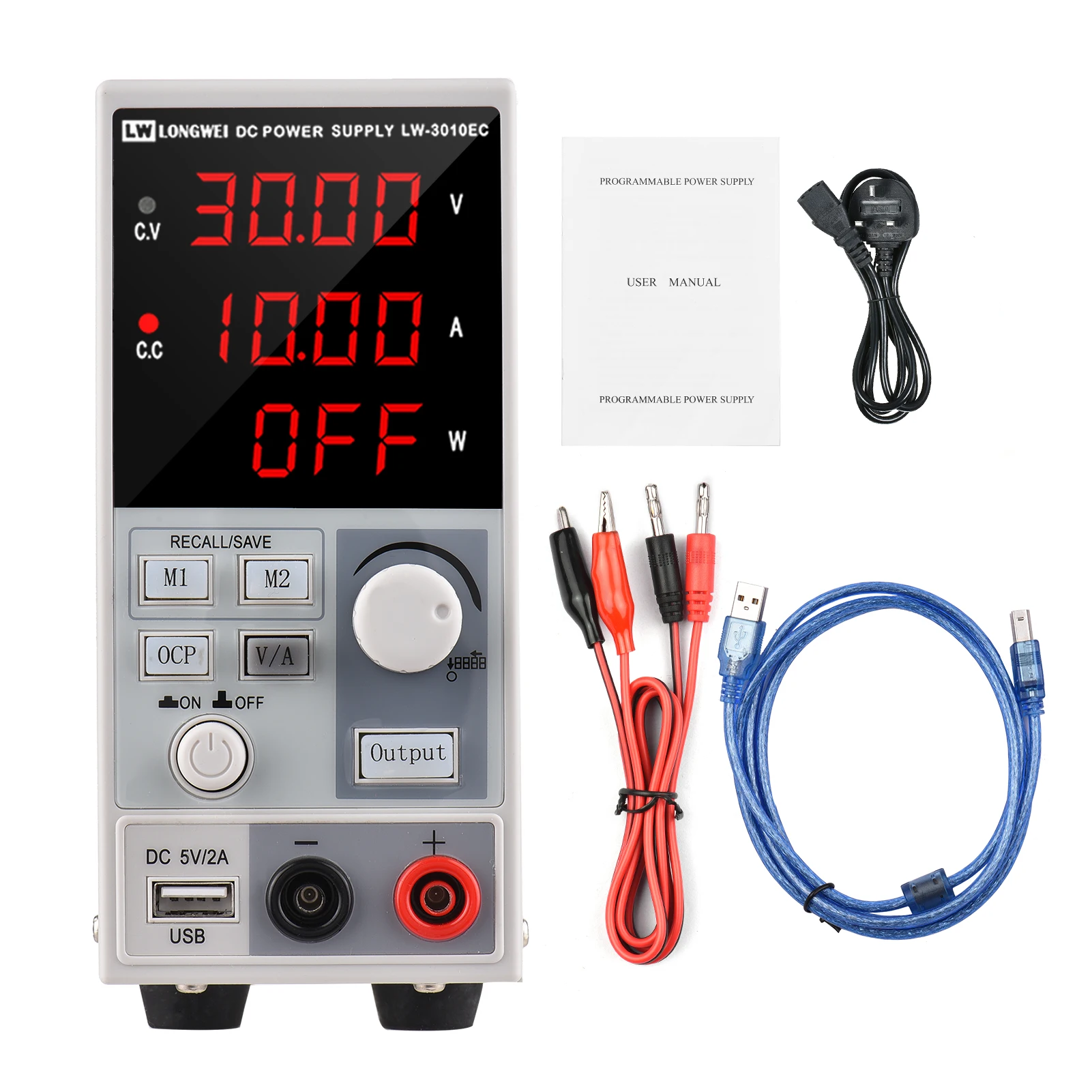 

LONG WEI LW-3010EC DC Power Supply Variable LED Digital Display Adjustable Switching Regulated Power Supply 5V/ 2A USB Interface
