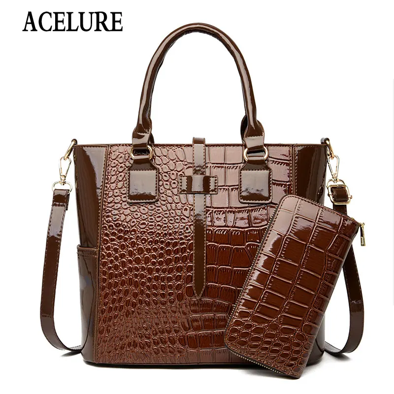 

ACELURE Solid Color Alligator PU Leather High Capacity Women Zipper Bags Fashion High Quality Female Shoulder Top-handle Bags