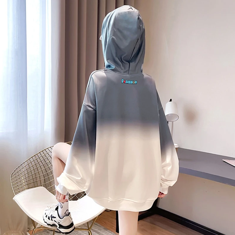 

Oversized Sweatshirt Women's Autumn Loose Hooded Pullovers Long Sleeve Korean Girls Fashionable Blue White Contrast printingTops