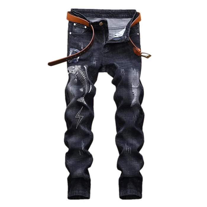 Мужские рваные джинсы с вышивкой в виде рыбьей кости и молнии модные Стрейчевые