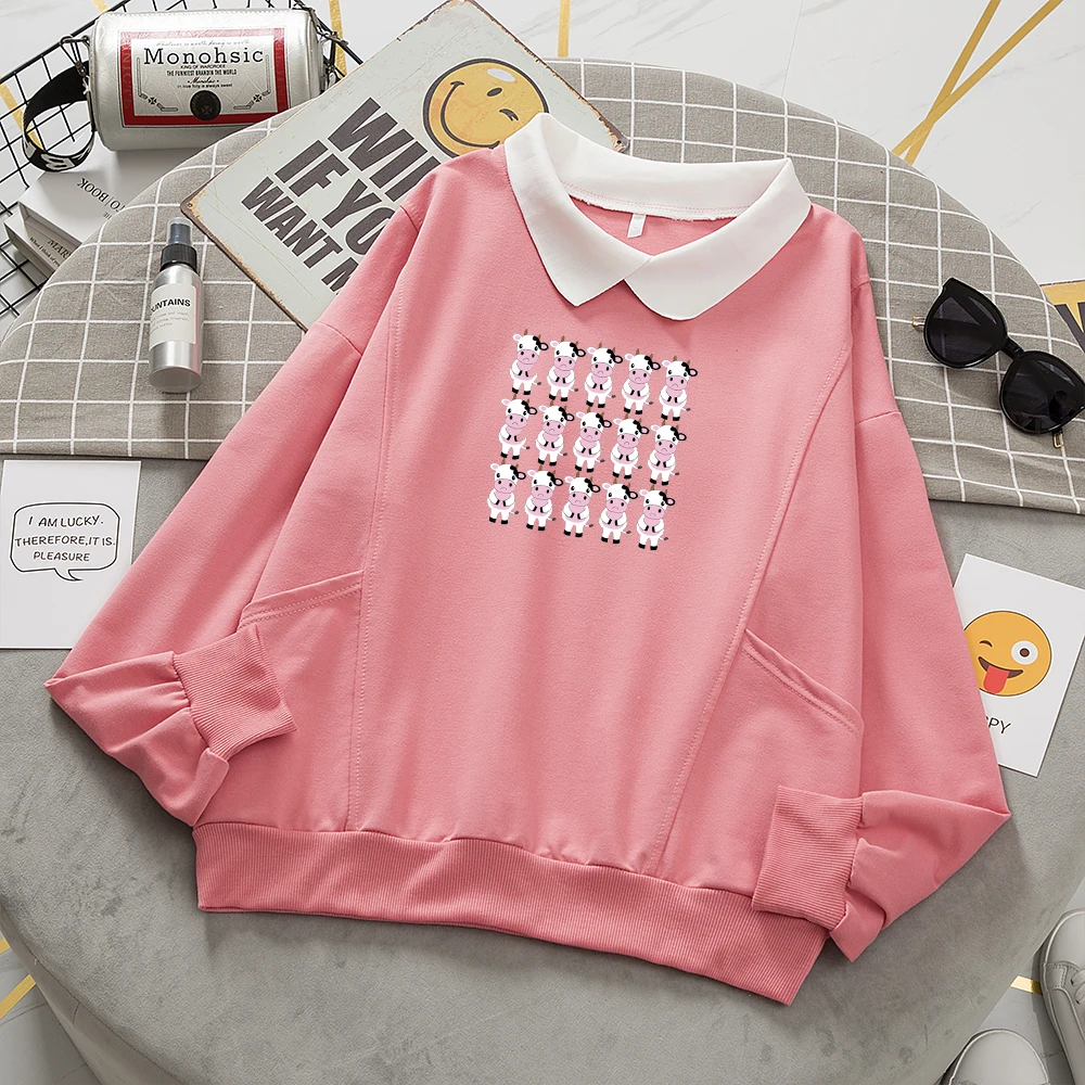 Kawaii Hoodies Harajuku Cow Printed Women Pullover Tops Cute Turn-down Collar Sweetshirt Autumn Full Sleeve Leisure Sweatshirts