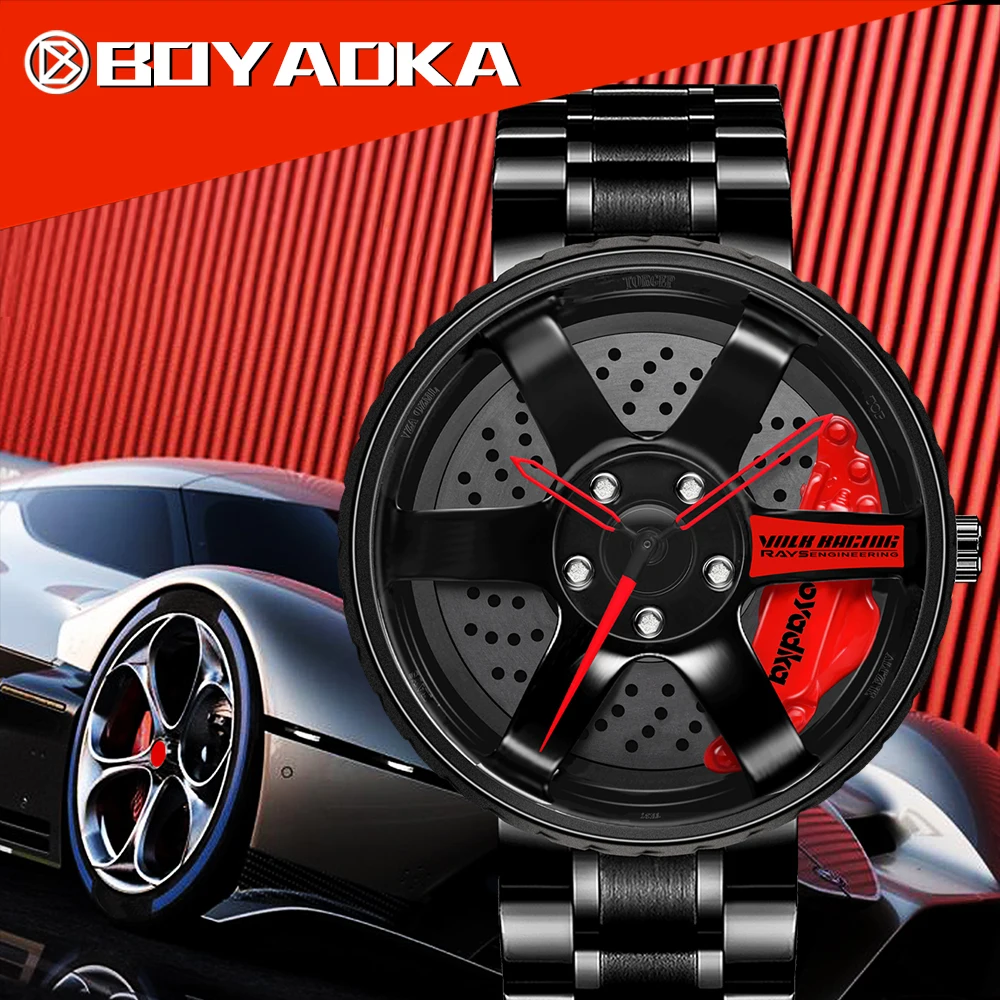 3D Hollow Pattern Men Stainless Steel Watches Racing Auto Car Wheel Watch Men Wristwatch Clock Sport Creative Design Wristwatch
