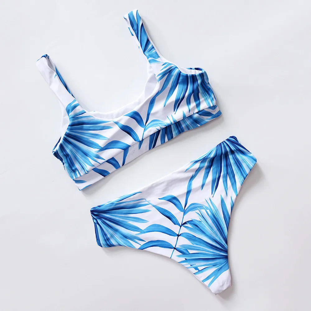 

Sexy Scoop Neck White Tropical Palm Leaf High Waist Bikini 2021 Ladies Swimwear Women Sport Swimsuit Female Swim Bathing Suit
