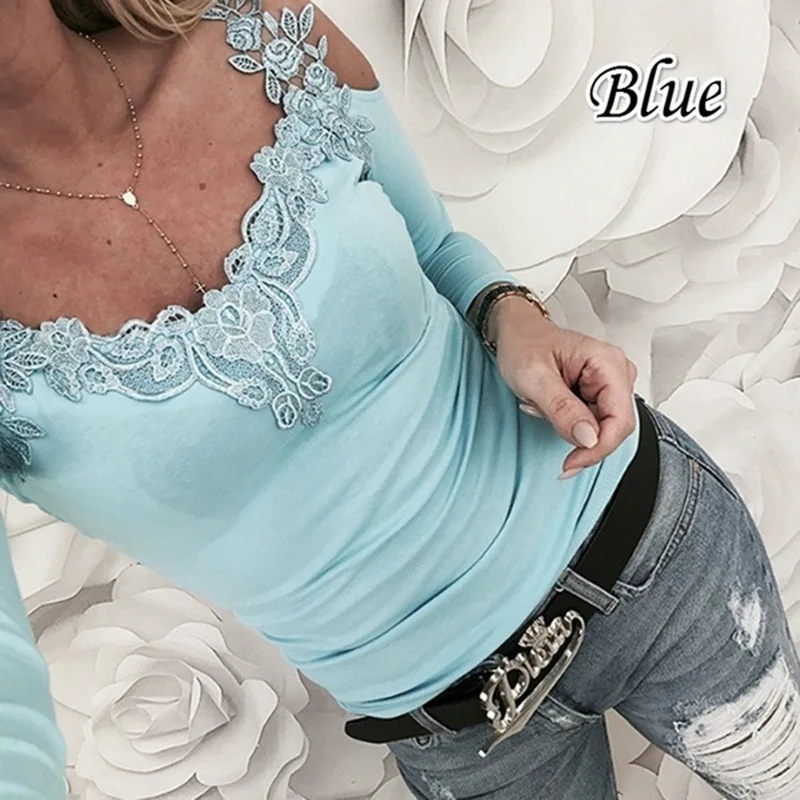 

Hot Selling WOMEN'S Dress Europe And America Hot Selling Long Sleeve Solid Color Joint Lace V-neck T-shirt Women's