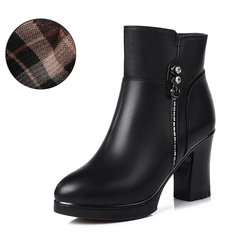 

Winter Womens Boots Leather Booties High Heel Thick with Cotton Shoes Plus Velvet Warm Martin Boots Women Shoes