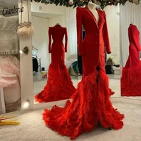 red deep v neck long sleeve mermaid evening dress with feathers front split satin formal evening party dresses vestidos de noche