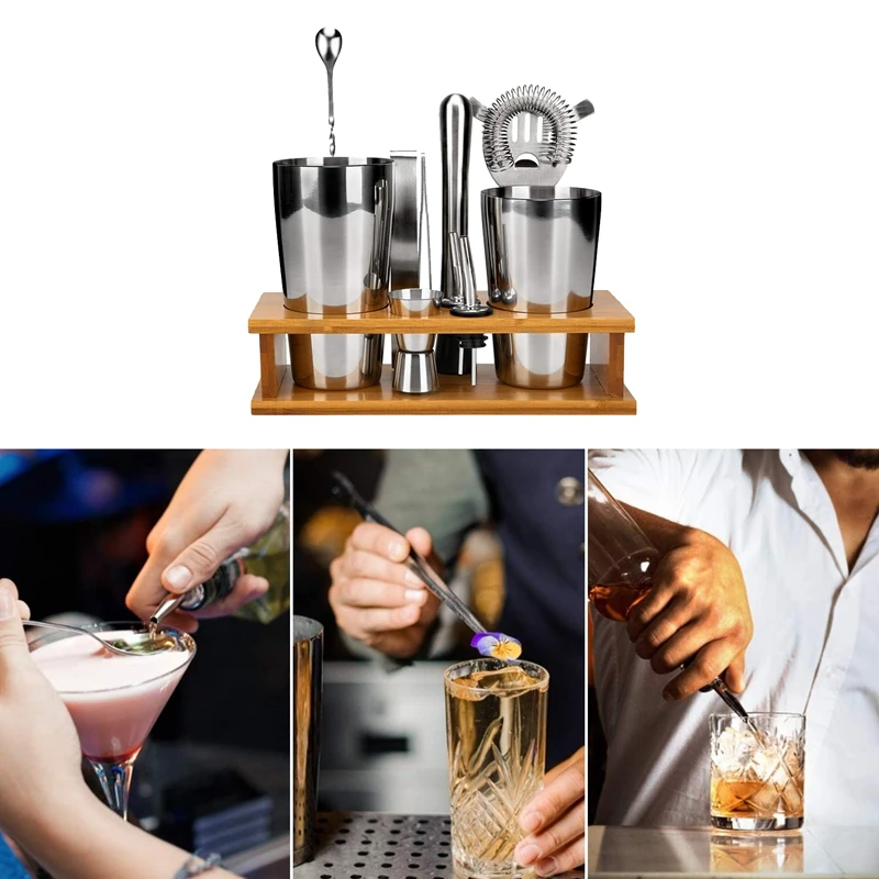 11 шт. набор для барменов из нержавеющей стали с бамбуковой основой аксессуары