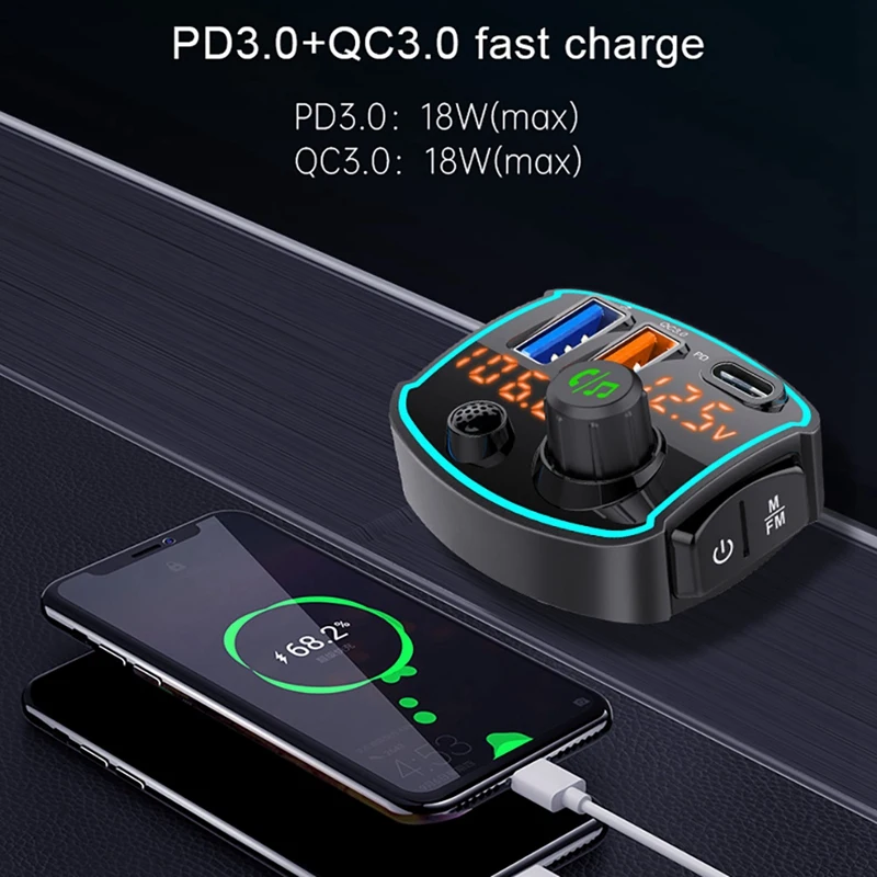 

FM Transmitter Bluetooth 5.0 Car MP3 Player Wireless Handsfree Car Kit with Type-C PD QC3.0 Quick Charge Support Siri